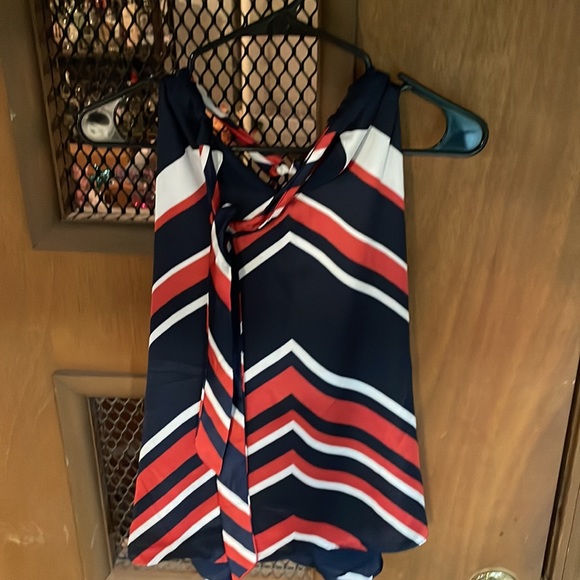 Red white and navy striped satin like halter tank - Picture 2 of 5
